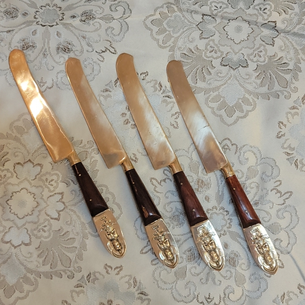 RARE Vintage 1960 T James SIAM Buddha Style Brass  Rosewood dessert knives 4pc